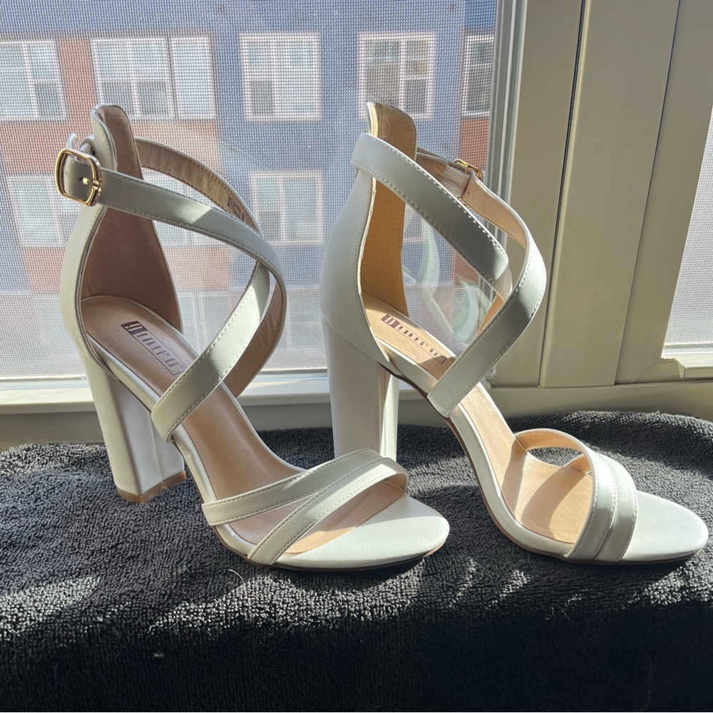 Classic White Crisscross Block Heel Sandals